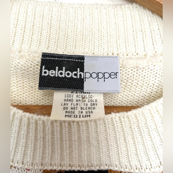 Vintage 80s Beldochpopper Crewneck Cream Aztec oversized grandpa Sweater Size M - Picture 11 of 13